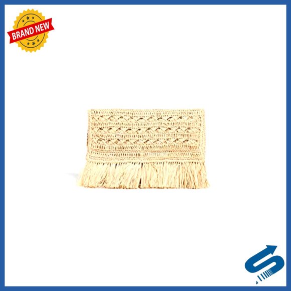 Raffia Straw Clutch with Fringe Trim, Fold-Over Flap, Cotton Lining